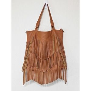 Urban Originals Ziggy Brown Vegan Faux Leather Fringe Shoulder Bag Boho Lg Tote
